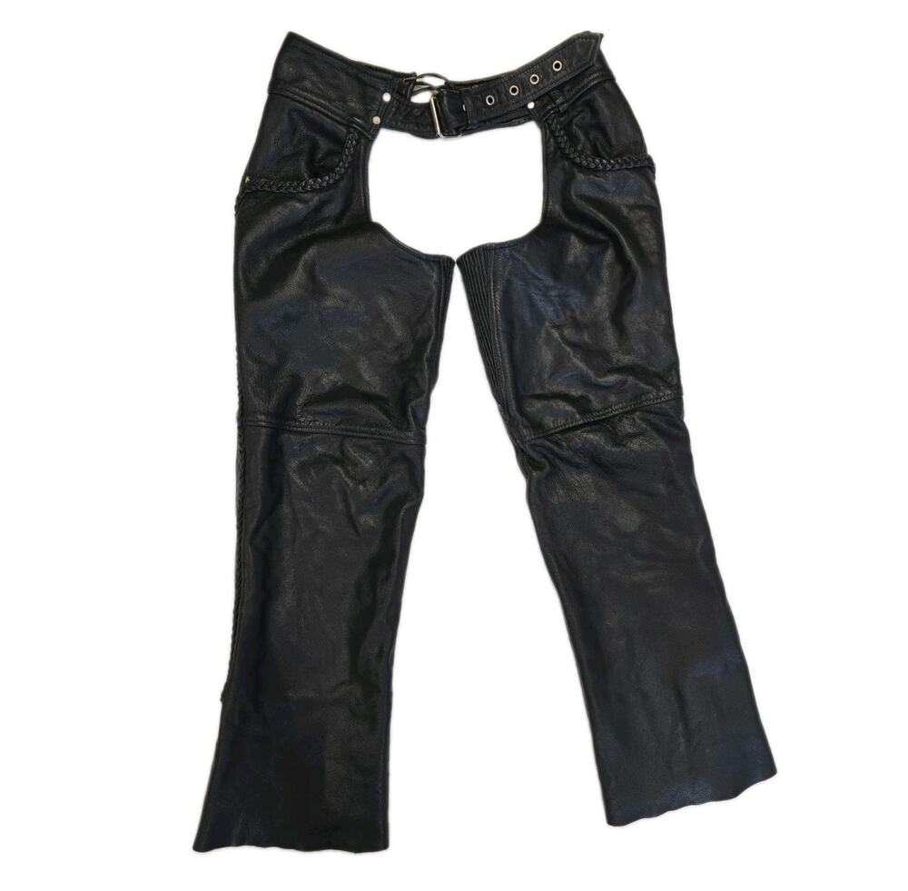 Leather King Black Leather Motorcycle Chaps Women's Sz Small Braided Trim Biker